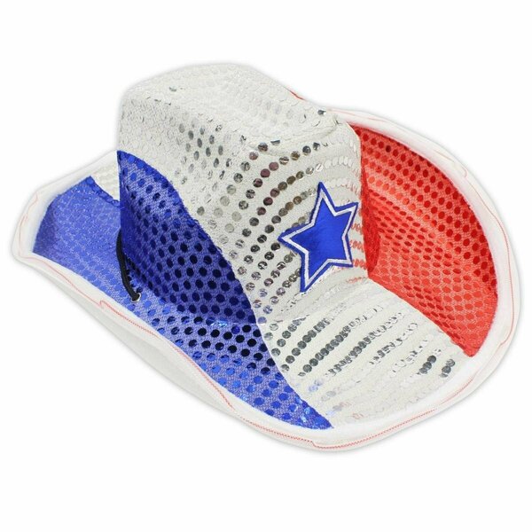 Surprise Light Up LED Flashing Cowboy Hat with Sequins, Red, White & Blue SU3335673